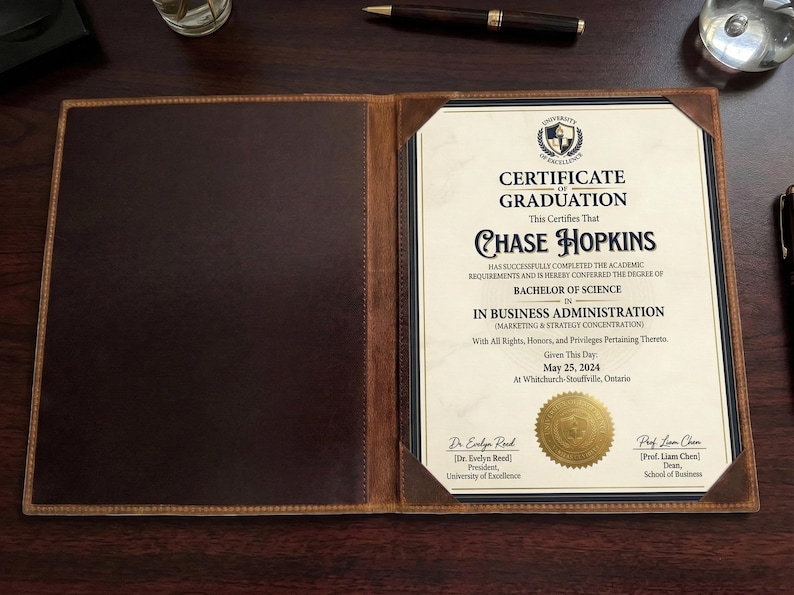 May include: A brown leather certificate holder containing a graduation certificate. The certificate is for Chase Hopkins, Bachelor of Science in Business Administration, dated May 25, 2024. The holder is open on a dark wooden surface.