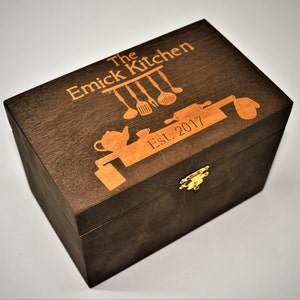 Custom Engrved Wooden Recipe Box. Walnut Stain Wood Box Personalized and engraved holds 4x6 Recipe Cards image 5