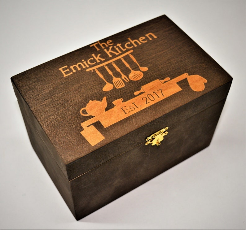 Custom Engrved Wooden Recipe Box. Walnut Stain Wood Box Personalized and engraved holds 4x6 Recipe Cards image 5