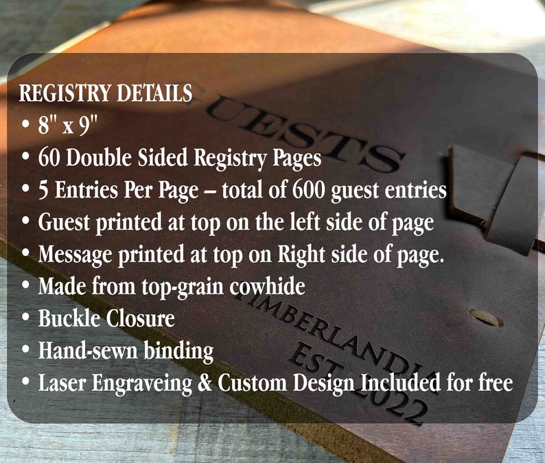 Large Guest Registry, Leather, Wedding Registry, Personalized, Guest Book, Personalized Engraved Diary, Genuine Leather image 2