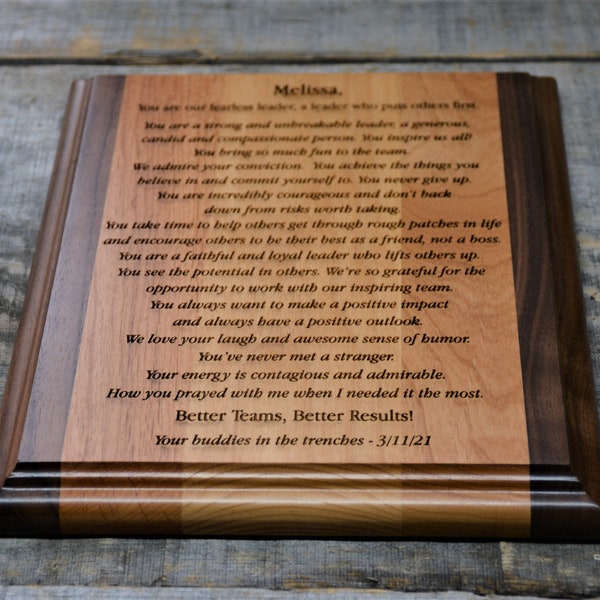 Custom engraved and personalized two tone wooden plaque