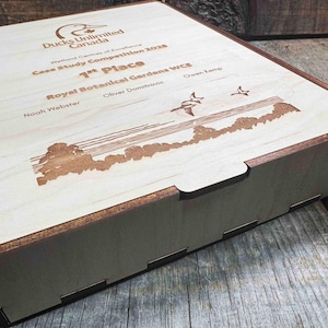 a wooden box sitting on top of a wooden table