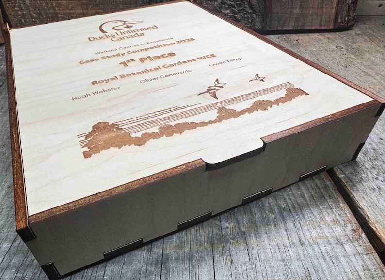 a wooden box sitting on top of a wooden table