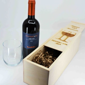May include: A wooden wine box containing a bottle of Vernaiolo Chianti wine. The box is engraved with the text "Happy 30th Harrison September 12th, 2019".