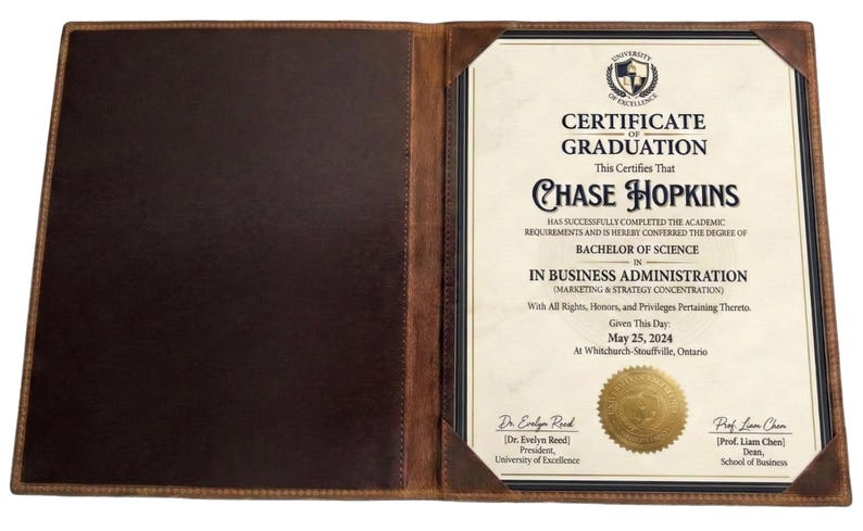 May include: A brown leather certificate holder, open to reveal a diploma. The certificate is for Chase Hopkins, Bachelor of Science in Business Administration, dated 25 May, 2024. The holder has a darker interior.