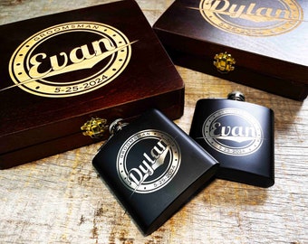 Engraved Flask and Wooden Box Giftset - perfect for wedding party gifts. Engraved and customized at no charge.