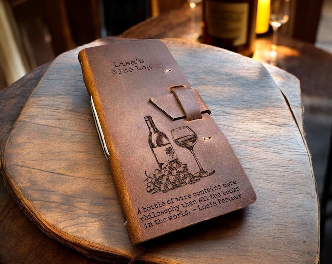 Wine Log Journal Premium Leather Custom engraved and personalized All Engraving is included gift for wine lovers