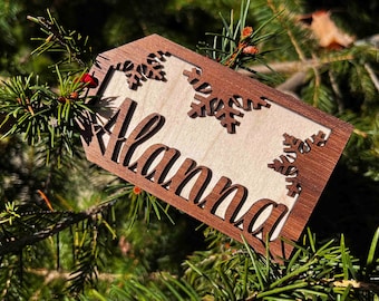 Gift Tags Custom Cut By Laser. Great personal touch for stockings or presents. Made from real Walnut Wood and Acrylic Name Tag Wood Tag