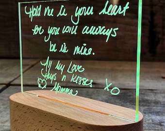 Handwriting engraved into custom LED light sign. Memorial sign. Handwritten keepsake that makes a beautiful sentimental gift.