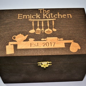 Custom Engrved Wooden Recipe Box. Walnut Stain Wood Box Personalized and engraved holds 4x6 Recipe Cards image 2