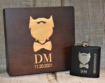 Engraved Flask and Wooden Box Giftset - perfect for wedding party gifts. Engraved and customized at no charge.