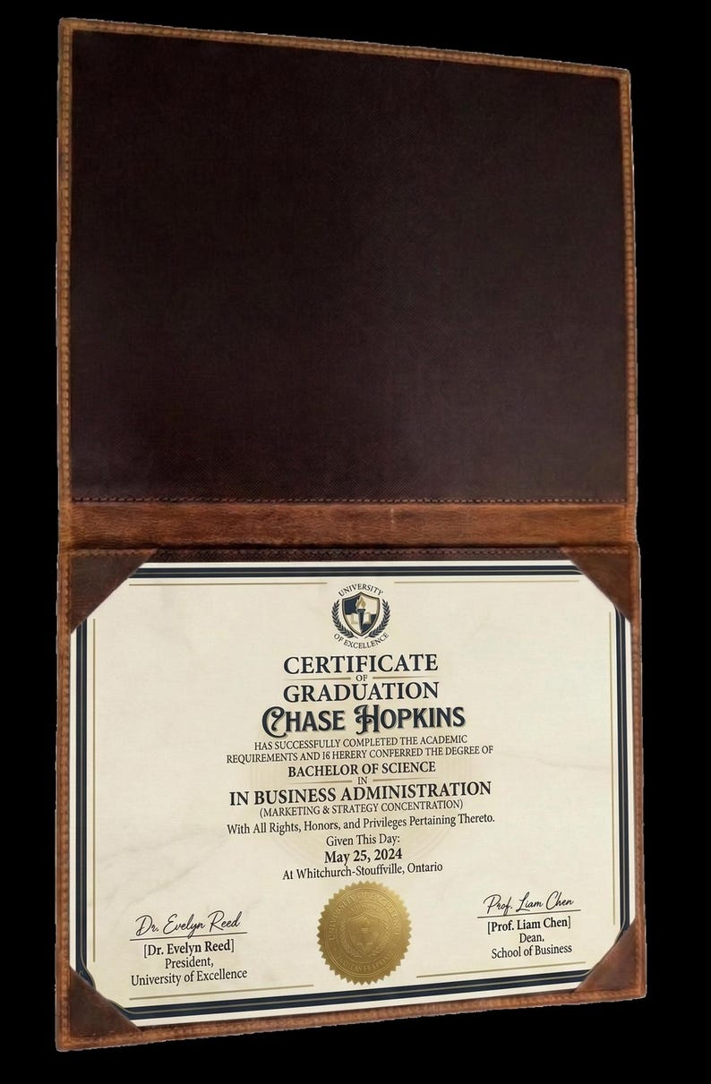 May include: A graduation certificate for Chase Hopkins, Bachelor of Science in Business Administration, presented in a brown leatherette folder. The certificate is dated May 25, 2024, and is from the University of Excellence.