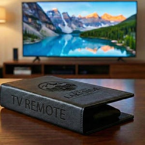 May include: A black leather TV remote holder with the words "TV REMOTE" embossed on the front. The holder has the logo of "THE GRAND LAKESIDE HOTEL" on the top. A large TV displays a scenic mountain and lake view.