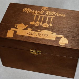 Custom Engrved Wooden Recipe Box. Walnut Stain Wood Box Personalized and engraved holds 4x6 Recipe Cards image 10