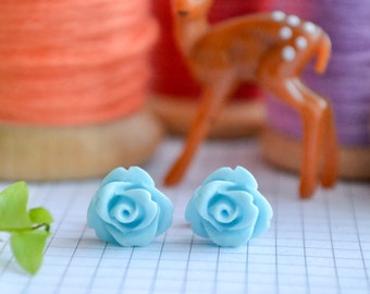 Light Blue Petite Rose Flower Earrings on Surgical Steel or Hypoallergenic Titanium Posts