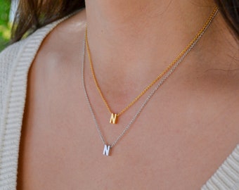 Uppercase Letter N Initial Necklace in Gold or Silver Plated Finish | Delicate Initial Layering Necklace