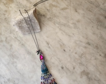 Betsey Johnson peacock pendant necklace sparkly jewel-toned rhinestone tail and pave -set rhinestones.
