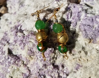 Handmade rustic European-look,  stunning dangle earrings, mosaic quartz, jade, and gold metal beads. Perfect for St. Patrick's Day!