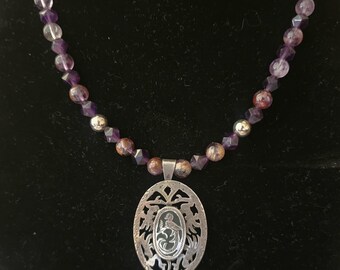 Fabulous marked Guatemelan Sterling silver and amethyst necklace, carved bird pendant with jade background.