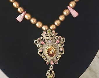Sarah Coventry pendant, turned into necklace,pink and gold