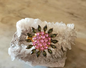 Vintage pink and green rhinestone flower brooch/pin