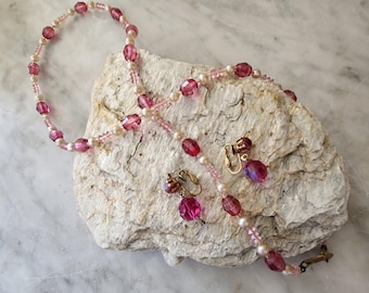 Miriam Haskell signed necklace and clip-on earrings,cranberry and pink crystals,faux pearls. Elegant!