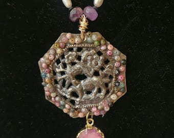 Fresh-water pearl and amethyst with vintage Asian focal