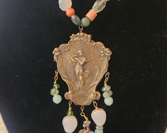 Art noveau-style pendant necklace with jade, carnelian and glass beads, handmade.