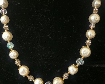 Lovely Signed Miriam Haskell faux pearl and crystal necklace, 1950's,perfect for work, play or cocktails!