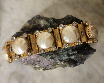 vintage signed Vargas bracelet with faux pearls and rhinestones