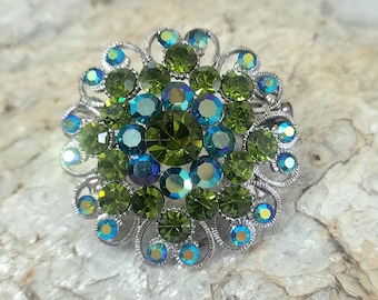 blue, green, black and green rhinestone floor brooch or hair clip, vintage, 1970's, very intricate in style and sparkling!!