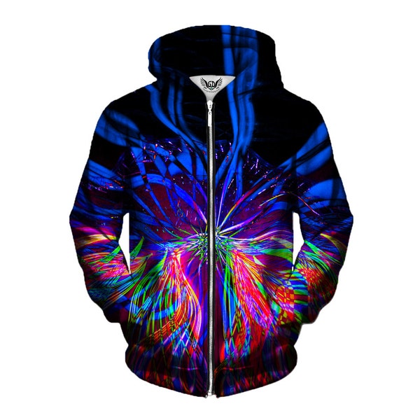 Psychedelic Zip-Up Hoodie - Trippy Light Show Artwork - EDM Festival Clothing - Sublimation Print Hoody