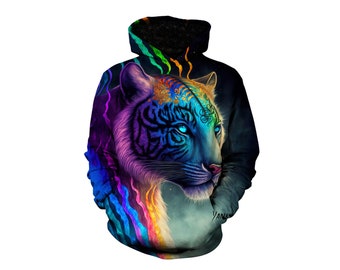 Whimsical Tiger Unisex Art Hoodie - Rainbow Kitty Animal Artwork Hoody Graphic - Trippy Mystical Painting - Big Cat Sublimation Hoody