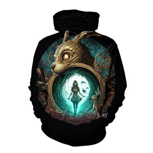 Trippy Alice's Adventure in Wonderland Art Graphic Hoodie - Psychedelic Pullover Hoody - All-Over Print White Rabbit