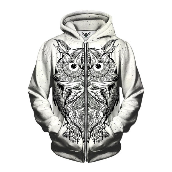 White Owl Zip-Up Hoodie - Trippy Bird Art All Over Print Zip Up Couples Hoodies - Psychedelic Animal Lover Gifts - Music Festival Clothing