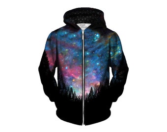 Psychedelic Hoodie - Space Zip-Up - Nebula Forest Art - EDM Festival Clothing - Galaxy Sublimation Print