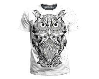 White Owl T-Shirt - Trippy Wild Bird Nature Art All Over Print Rave T Shirts - Psychedelic Animal Lover Gifts - EDM Music Festival Clothing