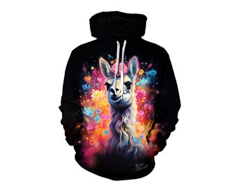 Vibrant Llama Pullover Hoodie - Hooded Sweatshirt Colorful Flowers - Best Festival Clothing for Men or Women