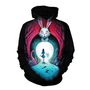 Trippy Alice Adventure in Wonderland Artwork Graphic Hoodie - Psychedelic Pullover Hoody - Vibrant Colorful White Rabbit Print Sweatshirt