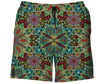 Mens Swimwear - Psychedelic Mandala Swim Trunks - Geometric Bathing Suit for Men