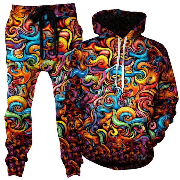 Swirling Colors Pullover Hoodie & Joggers Set - Trippy Festival Outfit - Psychedelic Rave Pants and Top for Men or Women