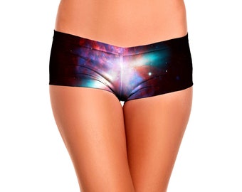 Galaxy Booty Shorts - Psychedelic Space Galactic All Over Print Sexy Boyshort - Trippy Nebula Hot Pants - EDM Festival Clothing