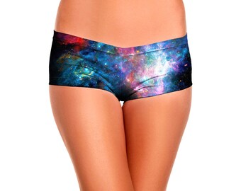 Galaxy Booty Shorts - Psychedelic Space Art All Over Print Sexy Boyshort - Trippy Nebula Yoga Hot Pants - EDM Rave Festival Clothing