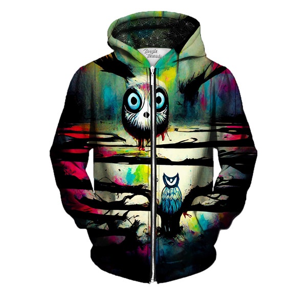 Psychedlic Owl Zip Up Hoodie - Festival Zip Ups - Fun Clothing - Trippy Zip Hoody - Warm Festival Outfit - Gift Idea