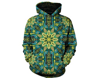 Psychedelic Retro Green & Blue Mandala Hoodie - Sacred Geometry Couples Hoodies -  Trippy Fractal EDM Rave Festival Clothing