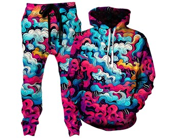 Swirling Colors Pullover Hoodie & Joggers Pair - Mesmerizing Festival Gear - Psychedelic Rave Pants and Top