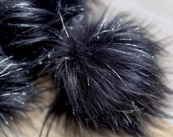 Pompón de piel sintética negra con espumillón plateado y escarcha de medianoche, suministros para crochet y tejido