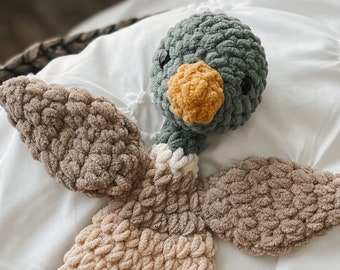 Pato Mallard Snuggler de ganchillo / Peluche estilo Lovey hecho a mano, animal de peluche