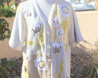 Storybook Knits Vintage Floral Cotton Knit Applique Embroidery Short Sleeve Cardigan sz L