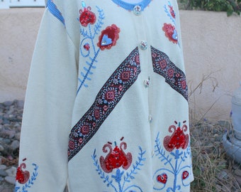 Storybook Knits Vintage Swiss Alps Tyrolean Floral Cotton Knit Applique Embroidery Long Sleeve Cardigan sz L